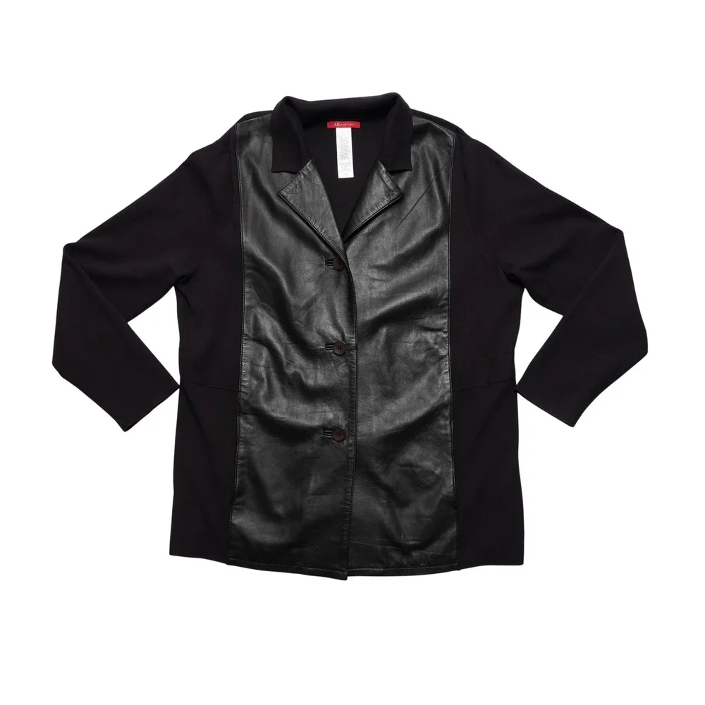 Anne Klein Womens 2X Black‎ Leather Mixed Media Moto Style Jacket